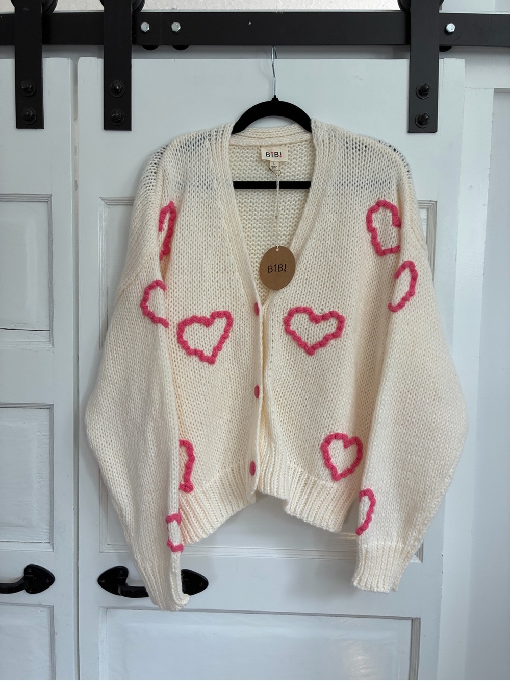 BiBi Cream Knit Cardigan with Pink Heart Motifs - Picture 5 of 7